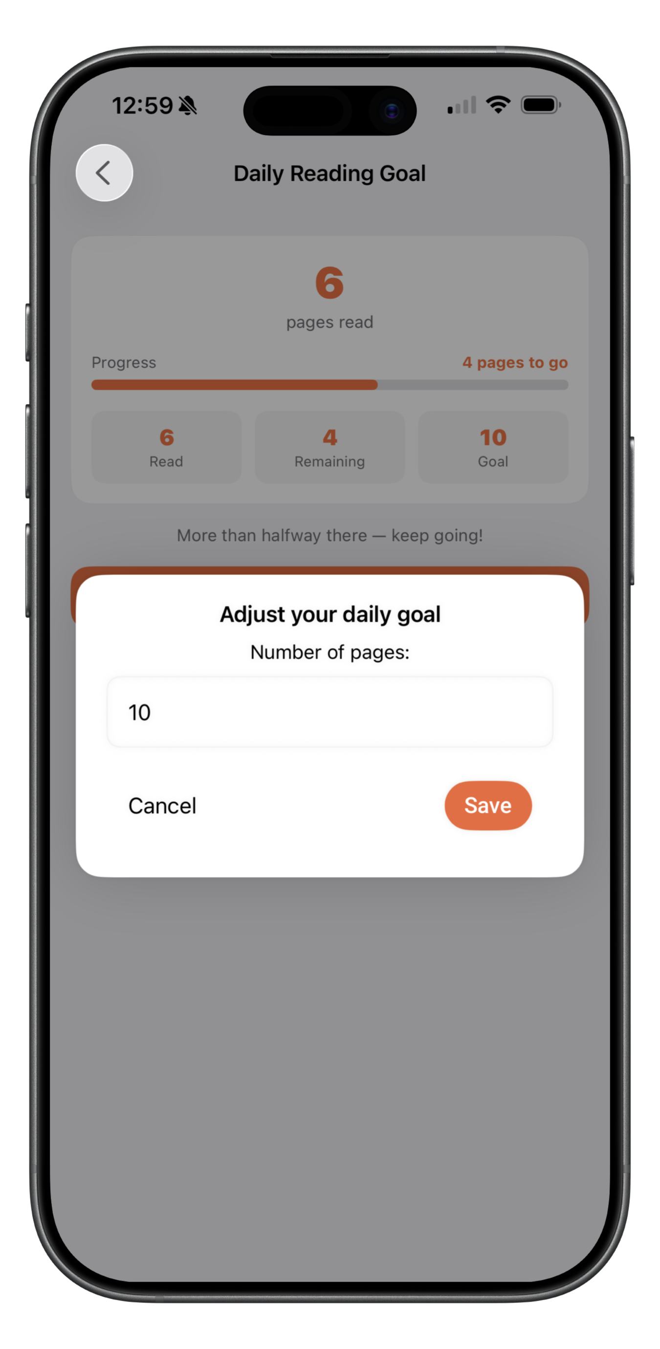 Adjust reading goals screen