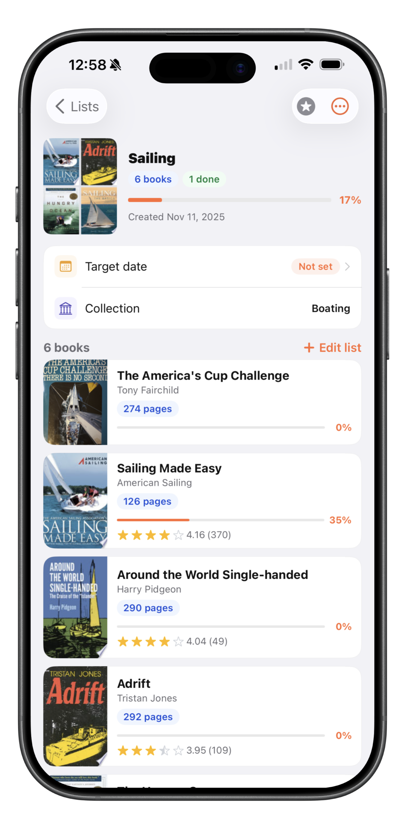 Manage reading lists screen